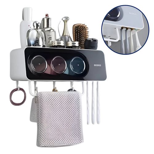 Organizador accesorio de Baño  con 3 vasos de enjuague, portacepillos y colgador multiuso Negro