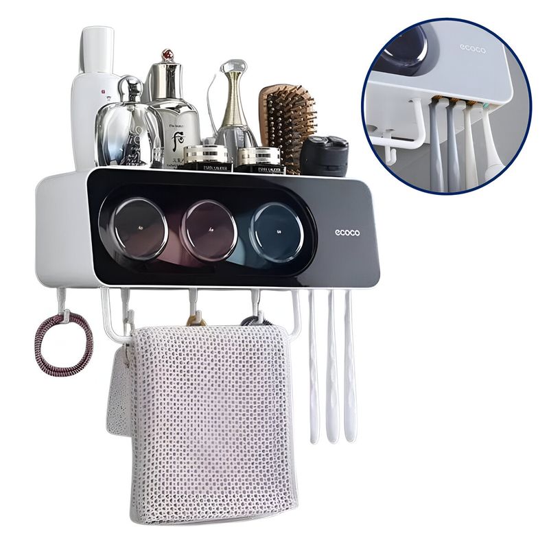 Organizador-accesorio-de-Baño--con-3-vasos-de-enjuague-portacepillos-y-colgador-multiuso-Negro