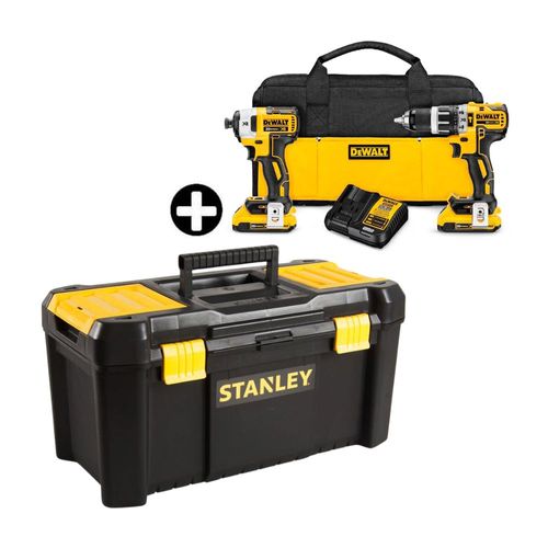 COMBO Taladro Percutor 20V DCD796 y atornillador DCF887 Dewalt + Caja de herramientas 19" Stanley