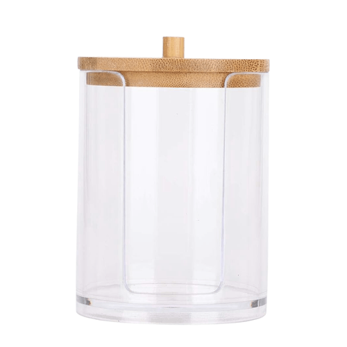 Dispensador de Acrílico Cilindro para Almohadillas Tapa de Bambú