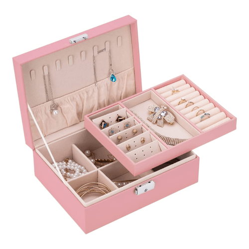 Joyero Caja Organizadora Portátil de Joyas 2 Niveles Rosa