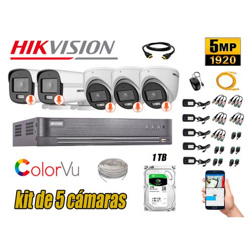 CÁMARAS SEGURIDAD HIKVISION KIT 5 5MP + DISCO 1TB COLORVU VISION COLOR