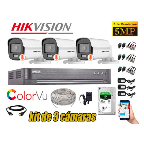 CÁMARAS SEGURIDAD EXTERIOR KIT 3 HIKVISION 5MP + DISCO 1TB COLORVU