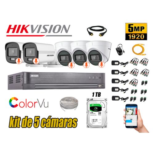 CÁMARAS SEGURIDAD KIT 5 HIKVISION 5MP + DISCO 1TB 2 COLORVU VISION COLOR
