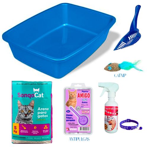 Arenero para Gatos + Arena 5Kg + Neutralizador de Olores + Antipulgas  + Catnip Azul