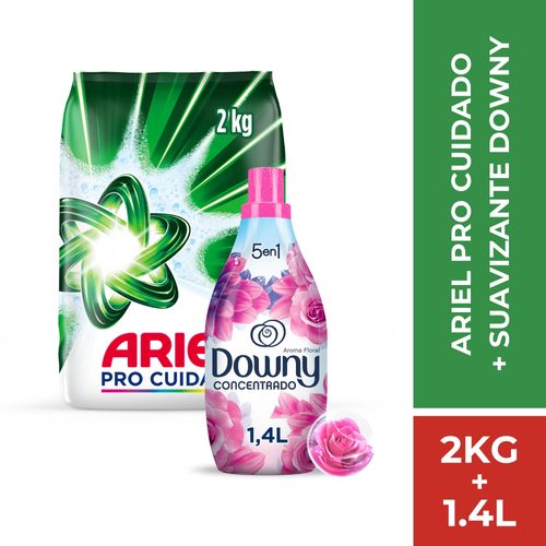 Pack Detergente en polvo ARIEL Regular Bolsa 2Kg + Suavizante de Telas DOWNY Floral Concentrado Botella 1.4L