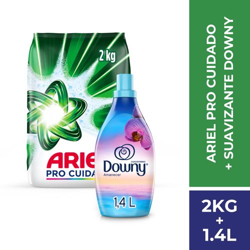 Pack Detergente Polvo ARIEL Regular Bolsa 2Kg + Suavizante Concentrado Líquido DOWNY Amanecer 1.4L
