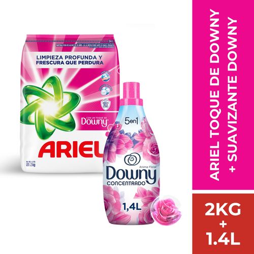 Pack Detergente en polvo ARIEL con Downy Bolsa 2Kg + Suavizante de Telas DOWNY Floral Concentrado Botella 1.4L