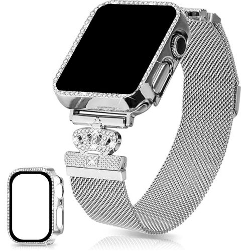 Correa de Acero Inoxidable para Apple Watch Diamantes Fantasia y Case Color Plata