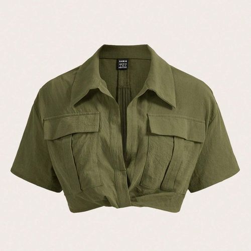 Ezwear Shein Camisa Crop Con Solapa de Hombros Caidos Verde Militar Talla S