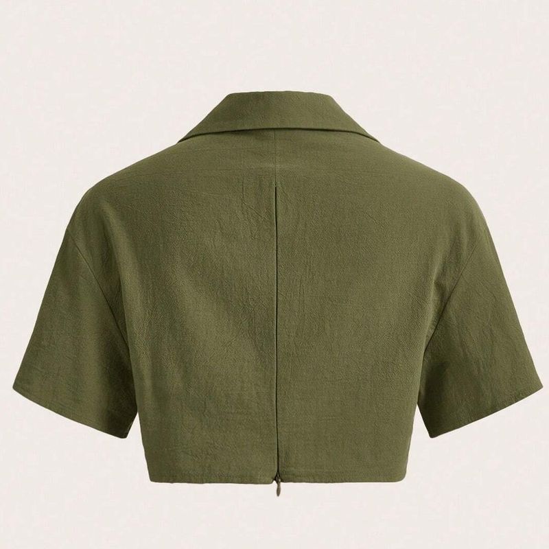 Ezwear-Shein-Camisa-Crop-Con-Solapa-de-Hombros-Caidos-Verde-Militar-Talla-S