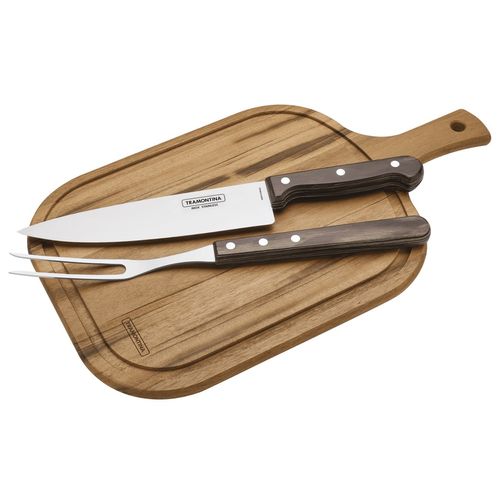 Set BBQ Parrillero Asado 3 piezas tabla +Cuchillo +Trinche Tramontina