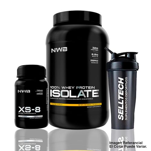 PACK NWB PROTEÍNA ISOLATE 3LB VAINILLA + QUEMADOR DE GRASA XS-8 ULTRA CONCENTRATE 99 CAPSULAS + SHAK