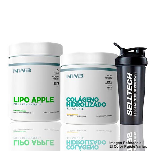 PACK NWB COLÁGENO HIDROLIZADO 430GR VAINILLA + FIBRA CONCENTRADA LIPO APPLE 500GR MANZANA + SHAKER