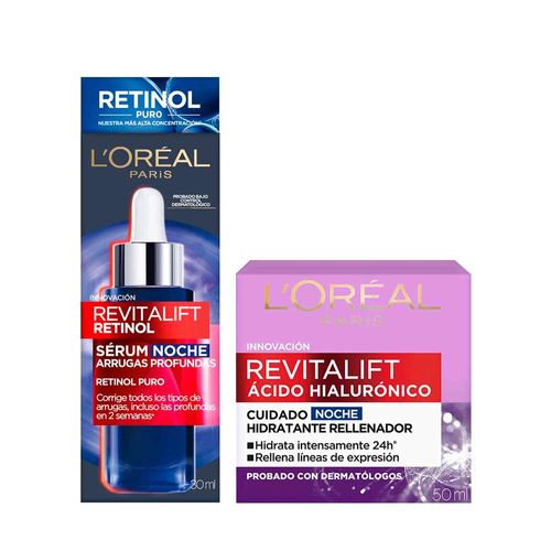 Pack L'OREÁL Crema Facial Ácido Hialurónico Noche 50ml + Sérum de Noche Revitalift Retinol Anti Arrugas Caja 30ml