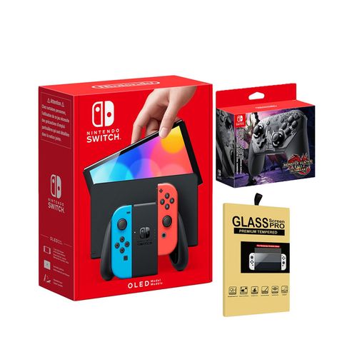 Consola Nintendo Switch Oled Neon + Mando Pro Controller Monster Hunter Rise + Mica