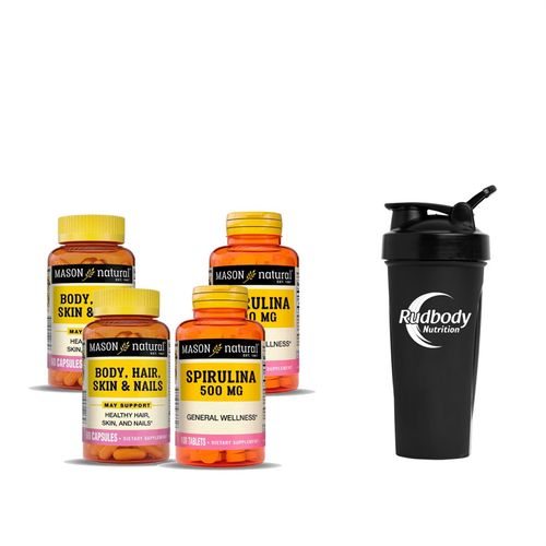 COMBO VITAMINAS MASON - 2 BODY, HAIR, SKIN & NAILS + 2 SPIRULINA BLUE-GREEN ALGAE + SHAKER