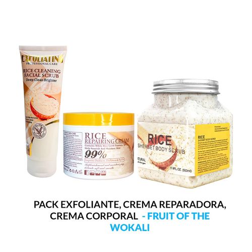 PACK EXFOLIANTE, CREMA REPARADORA,  CREMA CORPORAL  - FRUIT OF THE WOKALI