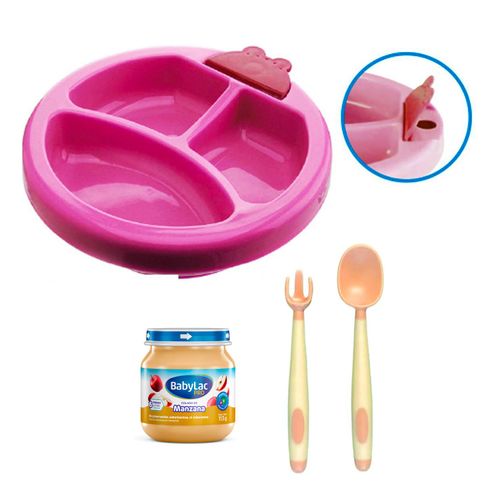 Plato temperatura para Bebes con Cubierto y Colado Rosado