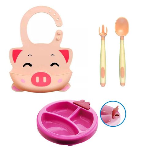 Plato temperatura para Bebes +  Babero + Cubiertos Rosado