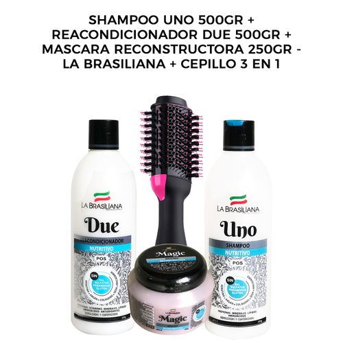 Shampoo Uno 500gr + Reacondicionador Due 500gr + Mascara Capilar 250gr - La Brasiliana + Cepillo 3 e