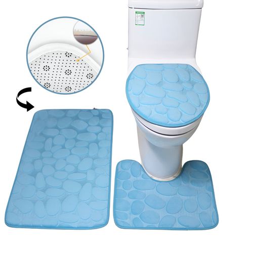 Juego de 3 Alfombras absorbentes y antideslizantes para Baño, Ducha e Inodoro Celeste