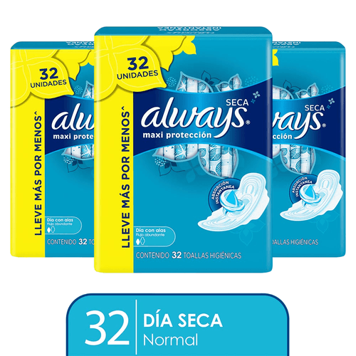 Pack x3 Toallas Higiénicas Always Maxi Protección Seca 32 Unidades