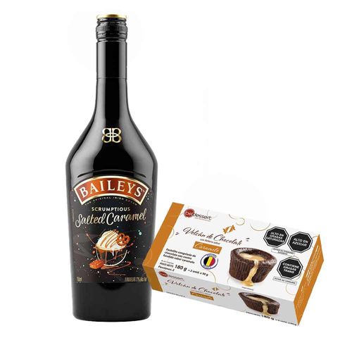 Pack Licor de Crema BAILEYS Salted Caramel Botella 750ml + Volcán de Chocolate Relleno de Caramelo BELDESSERT 90g Caja 2un