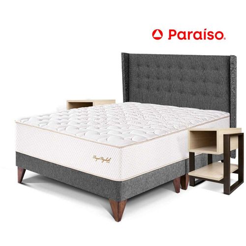 Dormitorio Europeo Royal Elizabeth Gold King + 2 Veladores Flotante Gris + 2 Almohadas