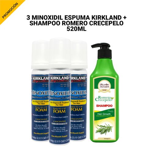 3 Minoxidil Espuma Kirkland + Shampoo Romero Crecepelo 520 ml