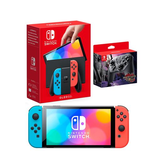 Consola Nintendo Switch Oled Neon + Mando Pro Controller Monster Hunter Rise