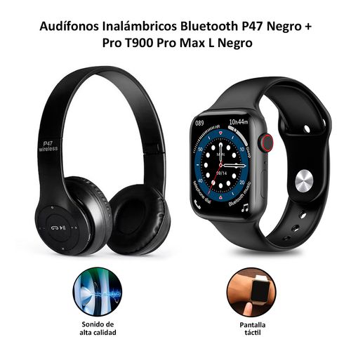 Audífonos Bluetooth P47 Negro + Smartwatch Pro T900 Pro Max L Negro