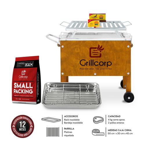 Caja China Chica Premium + Parrilla de Platinas Niqueladas + Carbón 2kg + Pack Inti