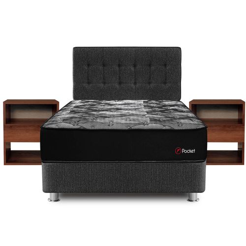 Dormitorio FORLI Pocket Negro Hiromi 2 Plazas + Velador Borgui + Protector + 2 Almohadas