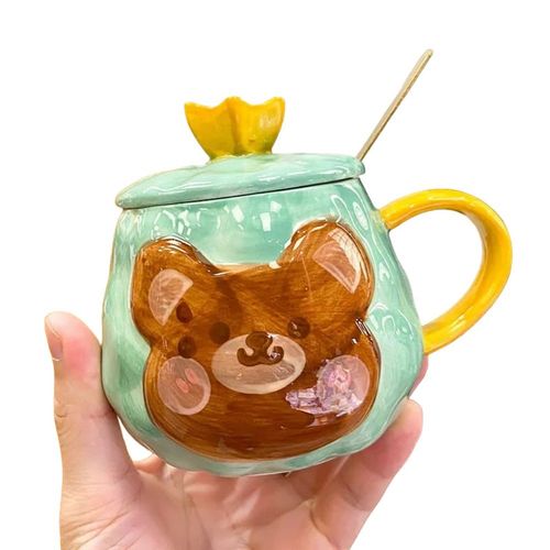 TAZA OSITO KAWAI CON CUCHARA Y TAPA  VERDE