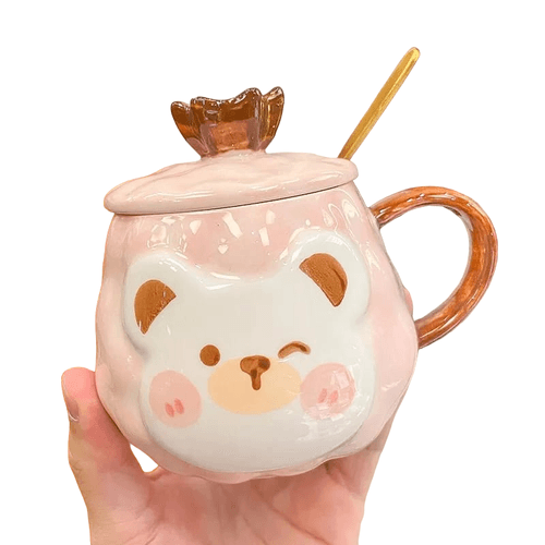 TAZA OSITO KAWAI CON CUCHARA Y TAPA  ROSADO