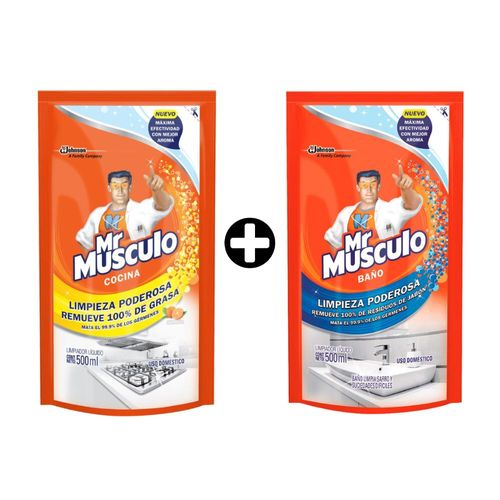 COMBO MR Musculo: Limpiador líquido para baño Doy Pack 500 ml + Saca grasa Naranja Doy Pack 500 ml