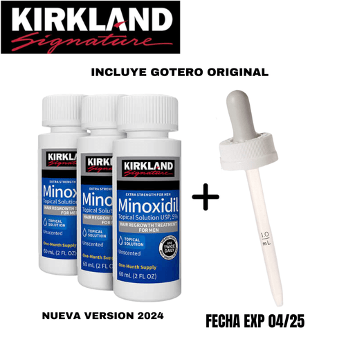 Minoxidil Kirkland 5% 3 frascos-3 meses más gotero ORIGINAL