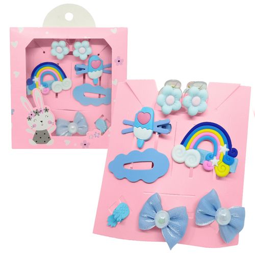 Set de 8 Ganchos para Niñas Bebés Accesorio de Cabello Kawaii S47 Celeste-Arcoíris