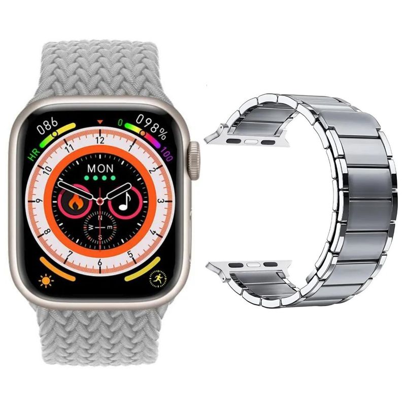Combo-Smart-Watch-HK9-Pro-2da-Gen-y-Correa-Acero-Inoxidable-Magnetico-Two-Section-Plata