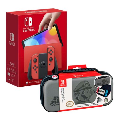 Consola Nintendo Switch Oled Mario Red + Super Mario Wonder + Estuche Mario Gris