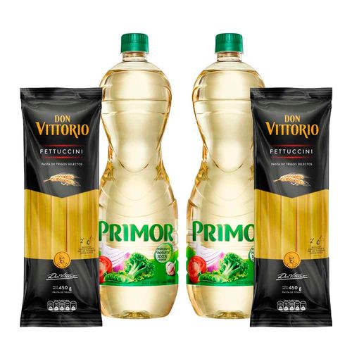 Pack Aceite Vegetal PRIMOR Clásico Botella 900ml x 2un + Fideos Fettuccini DON VITTORIO Bolsa 450g x 2un