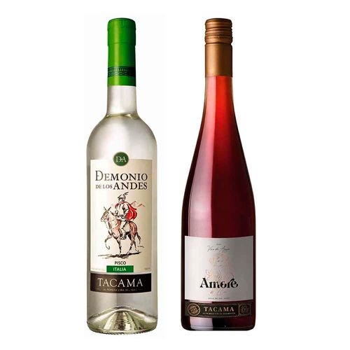 Pack Pisco DEMONIO DE LOS ANDES Tacama Italia Botella 700ml + Vino Rosé TACAMA Amore de Ica Vino de Aguja Botella 750ml