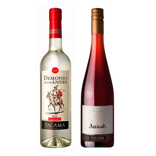 Pack Vino Rosé TACAMA Amore de Ica Vino de Aguja Botella 750ml + Pisco DEMONIO DE LOS ANDES Tacama Acholado Botella 700 ml