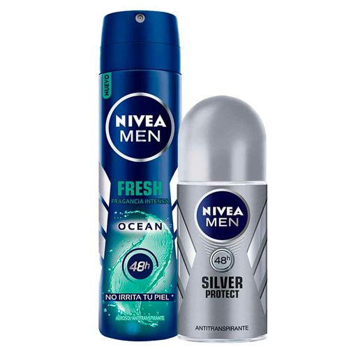 Pack Desodorante Roll On NIVEA Silver Protect Male - Frasco 50ml + Desodorante Spray NIVEA Fresh Ocean Male - Frasco 150ml
