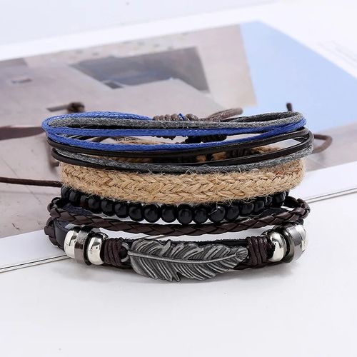 Pulseras de Cuero para Hombres - Hoja plata