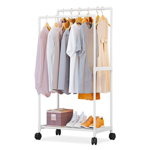 Perchero Estante Organizador Colgador Doble con Ruedas y Zapatero Blanco 22V