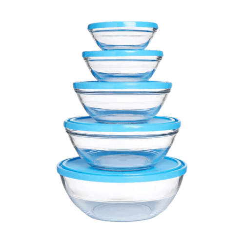 Set de 5 Bowls Organizador de Vidrio Tapa Plástica