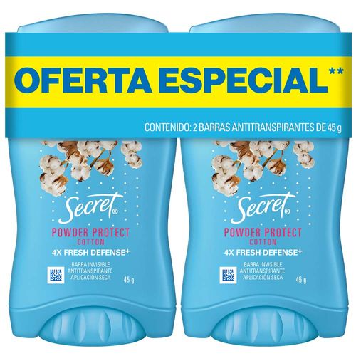 Desodorante en Barra SECRET Powder Protect Cotton 45g Pack 2un