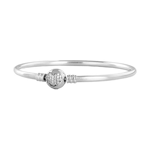 Pulsera Brazalete Pandora Liso con Cierre de Corazón Brillante 590743CZ Plata 925 Talla 18cm Nezmun